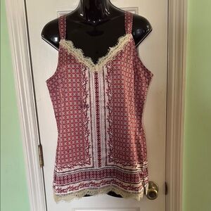 White House Black Market Pink Print Satin with Lace Trim Sleeveless Top Size M